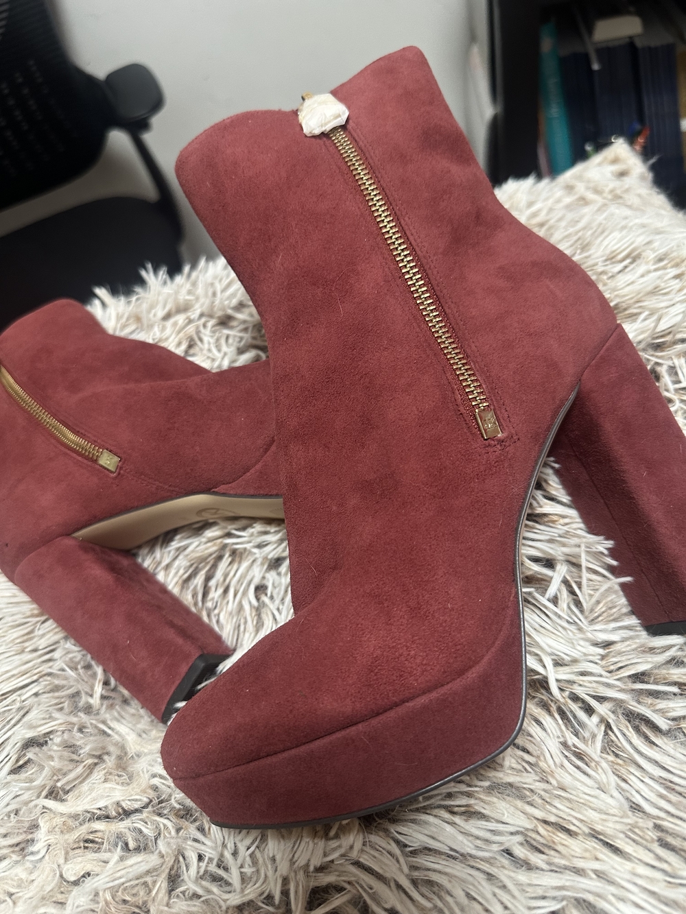 Michael Kors Burgundy Suede Platform Ankle Boots with Gold Zippers